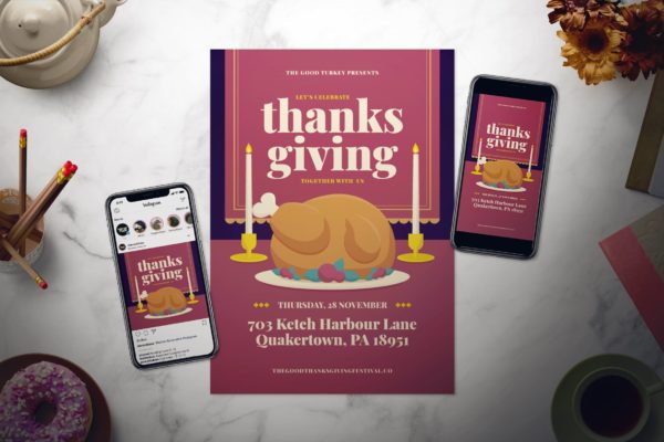 感恩节主题传单设计模板素材套装 Thanksgiving Day Flyer Set