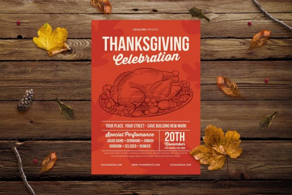 复古设计风格感恩节庆祝活动海报传单设计模板 Vintage Thanksgiving Celebration
