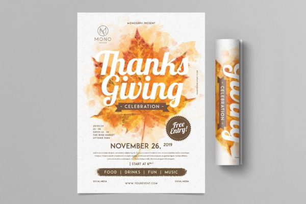 手绘花卉装饰设计风格感恩节活动邀请海报传单模板 Thanksgiving Flyer