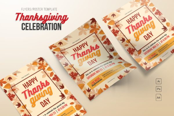 手绘枫叶装饰设计风格感恩节主题海报传单模板 Happy Thanksgiving Day Flyers缩略图 手绘枫叶装饰设计风格感恩节主题海报传单模板 Happy Thanksgiving Day Flyers