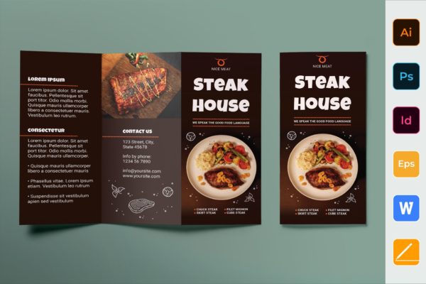 牛排西餐厅三折页设计传单模板 Steak House Brochure Trifold缩略图 牛排西餐厅三折页设计传单模板 Steak House Brochure Trifold