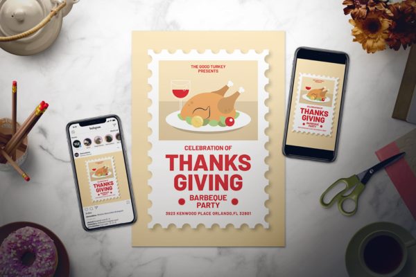 感恩节美食派对海报传单设计模板 Thanksgiving Day Flyer Set
