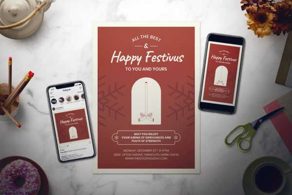 简约大气设计风格圣诞节日主题海报传单模板 Festivus Flyer Set