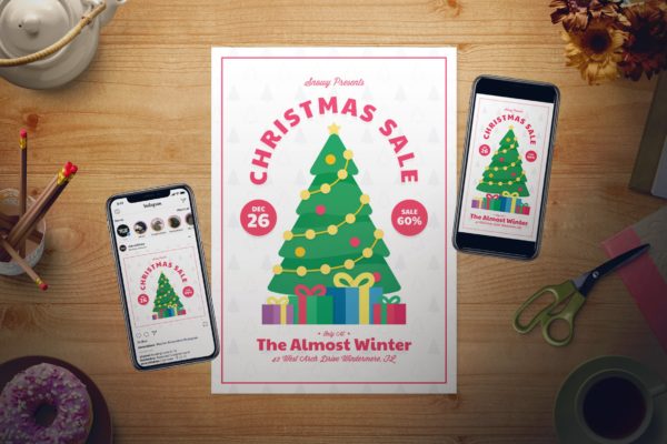 圣诞树背景圣诞节促销活动海报传单模板 Christmas Sale Flyer Set