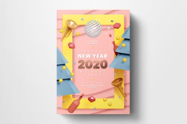 2020年新年庆祝活动剪纸艺术风格海报传单设计模板 New Year Party Flyer Tempalte