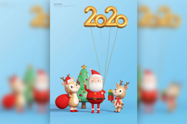 圣诞老人&麋鹿3D卡通元素圣诞海报设计素材