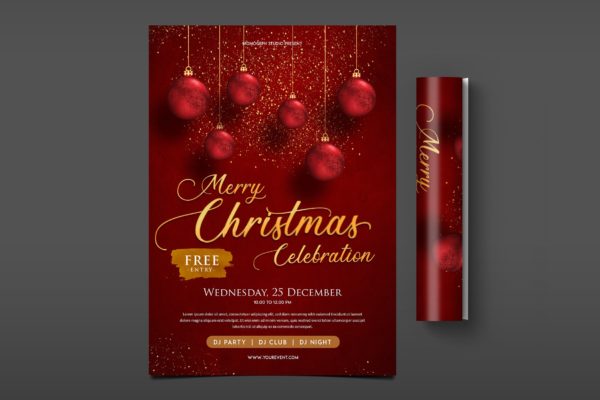 闪粉大红色风格圣诞节活动派对海报传单模板 Christmas Party Flyer
