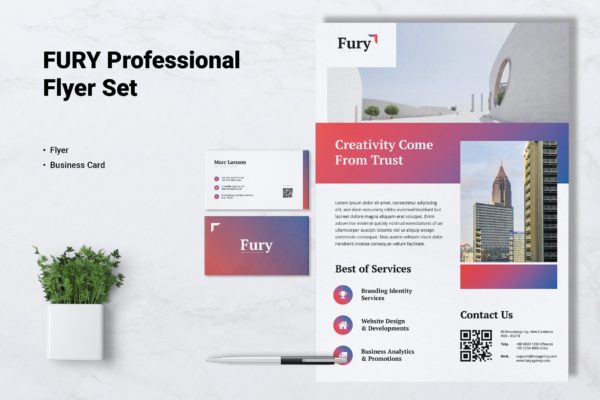 创意代理公司宣传单&企业名片设计模板 FURY Creative Agency Flyer & Business Card