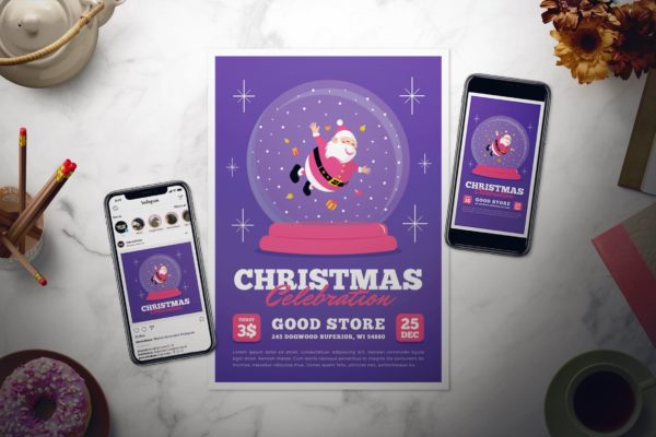 水晶球圣诞节庆祝活动传单设计模板 Christmas Celebration Flyer Set