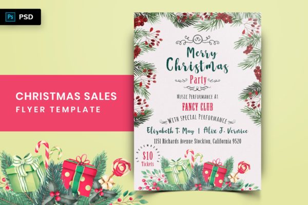 水彩手绘风格圣诞节超低折扣广告海报传单设计模板v2 Christmas Offer Sales Flyer-02缩略图 水彩手绘风格圣诞节超低折扣广告海报传单设计模板v2 Christmas Offer Sales Flyer-02