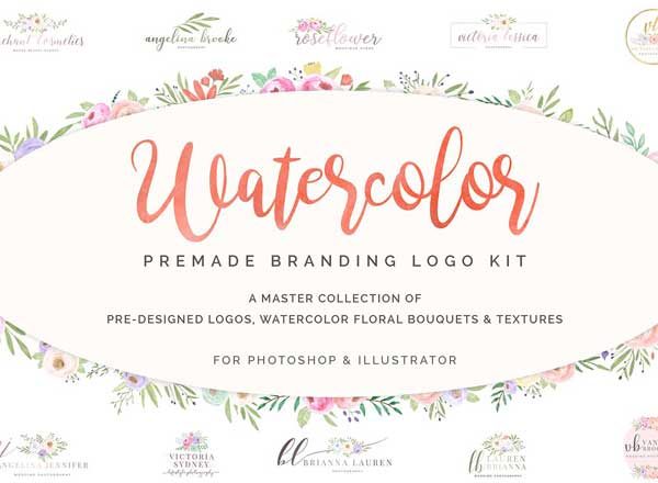 超级水彩风 Logo 设计素材包 Watercolor Premade Branding Logo Kit [模板、纹理&元素]