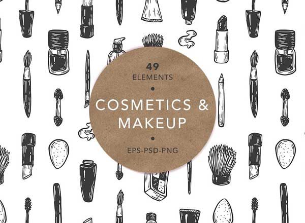 手绘化妆工具矢量图形素材 Cosmetics and makeup. Illustrations.