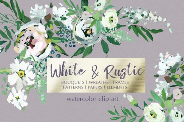 白色格调手绘花卉剪切画图案 White Hand Painted Floral Clip Art
