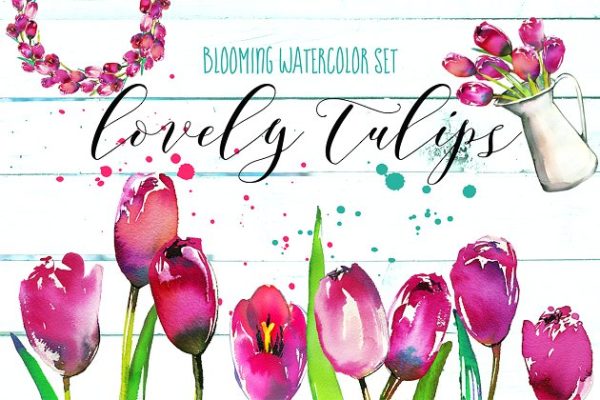 粉红郁金香水彩花卉套装 Pink Tulips Watercolor Floral Set