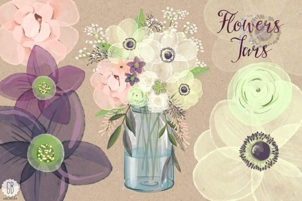 水彩银莲花（海葵）插花插画 Watercolor anemones baby breath jar