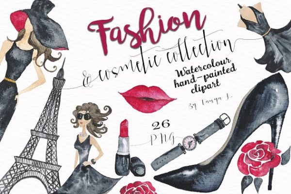 时尚化妆主题水彩素材套装 Fashion Cosmetic Watercolor Kit