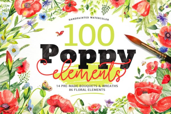 100%罂粟花水彩纹理剪贴画集合 Watercolor DIY Poppy Pack缩略图 100%罂粟花水彩纹理剪贴画集合 Watercolor DIY Poppy Pack