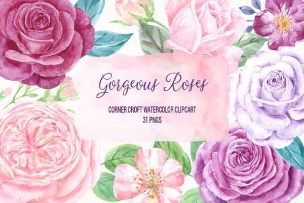 31个独立华丽水彩玫瑰剪贴画 Watercolor Gorgeous Roses
