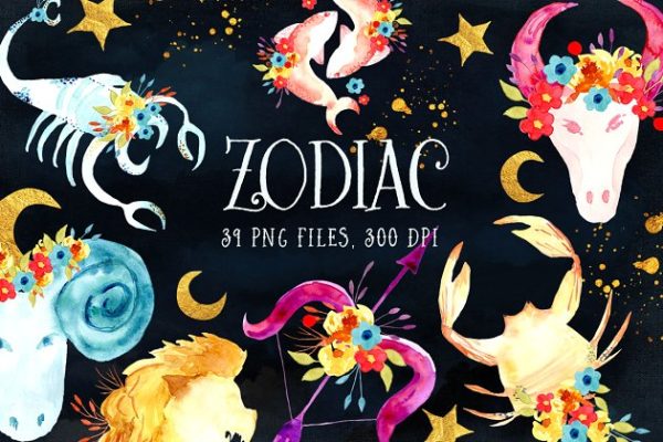 十二星座水彩剪贴画 Zodiac Watercolor