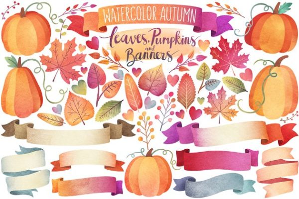 秋天树叶&Banner水彩剪贴画  Watercolor Autumn Leaves & Banners