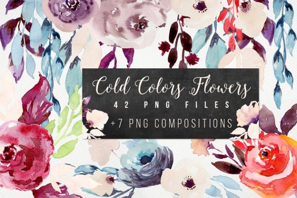 冷色调水彩花卉剪贴画 Cold Colors Flowers