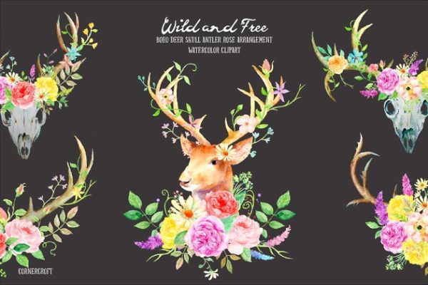鹿与玫瑰水彩剪贴画 Watercolor Deer and Rose缩略图 鹿与玫瑰水彩剪贴画 Watercolor Deer and Rose