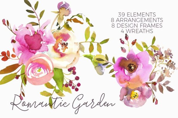 浪漫粉色水彩花卉 Romantic Pink Watercolor Flowers