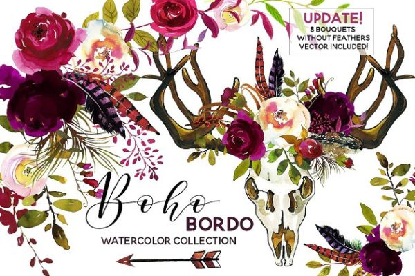 波希米亚式&波尔多水彩花卉剪贴画 Boho Bordo Watercolor Flowers