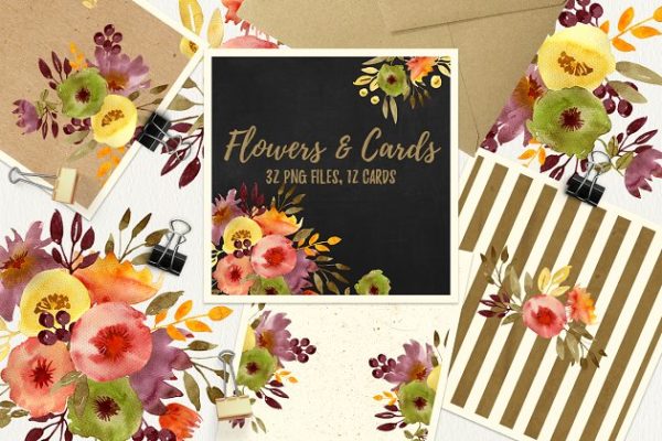 花卉&卡片水彩剪贴画 Flowers and cards