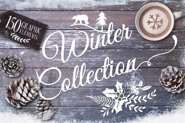 冬天圣诞节水彩设计元素（剪贴画、纹理&贺卡模板） Watercolor Winter collection