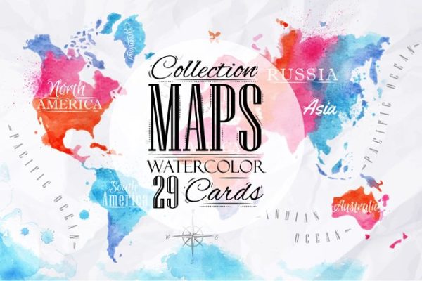 水彩世界地图矢量图形 Watercolor world map缩略图 水彩世界地图矢量图形 Watercolor world map