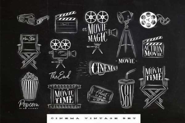 复古黑白电影投放机剪贴画 Cinema Vintage Set