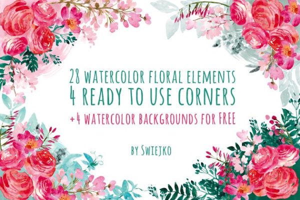 水彩花卉元素、角&背景 Watercolor flowers, corners缩略图 水彩花卉元素、角&背景 Watercolor flowers, corners