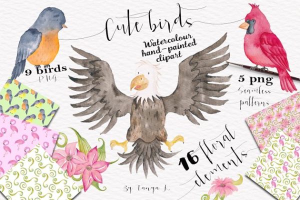 可爱鸟类小鸟水彩剪贴画 Cute Birds Watercolor Set缩略图 可爱鸟类小鸟水彩剪贴画 Cute Birds Watercolor Set