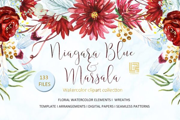 马沙拉白葡萄酒和尼亚加拉蓝水彩花卉剪贴画 Marsala and Niagara blue watercolors缩略图 马沙拉白葡萄酒和尼亚加拉蓝水彩花卉剪贴画 Marsala and Niagara blue watercolors