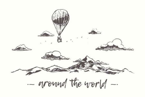 山景热气球素描剪贴画 Air balloons flying over mountains
