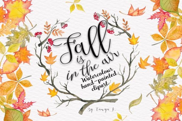 秋天气息水彩设计元素 Fall is in the air Autumn Watercolor