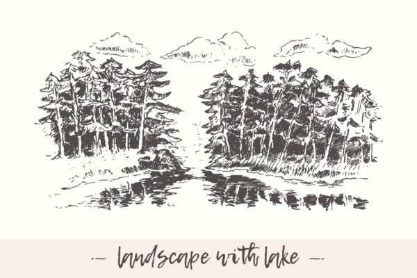 湖泊森林素描剪贴画 Landscape with lake and fir forest