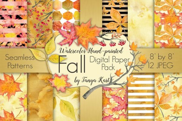 秋天落叶水彩图形剪贴画 Fall Watercolor Digital Paper Pack缩略图 秋天落叶水彩图形剪贴画 Fall Watercolor Digital Paper Pack