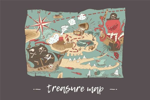 海盗岛地图矢量图形 Island treasure map, Pirate map缩略图 海盗岛地图矢量图形 Island treasure map, Pirate map
