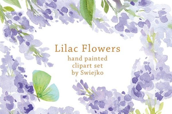 丁香花与蝴蝶水彩剪贴画 Watercolor Lilac Flowers, Butterfly