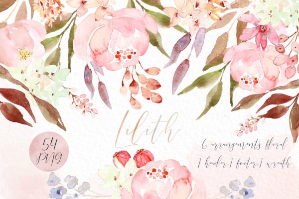 粉色水彩花卉剪贴画 Lilith. Pink watercolour flowers
