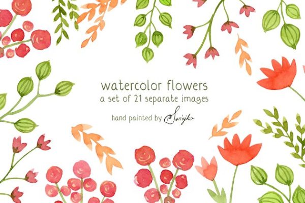 水彩花卉花环剪贴画 Watercolor Flowers, Floral