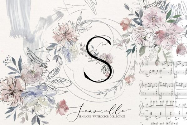 线条性感水彩花卉剪贴画、字体 Sensuale Watercolor Floral Clipart缩略图 线条性感水彩花卉剪贴画、字体 Sensuale Watercolor Floral Clipart