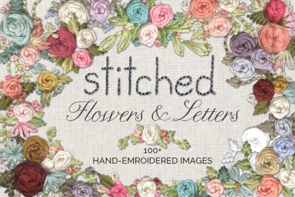 非常有特色的手工针织花卉&字母剪贴画 Stitched Flower & Letter Graphics