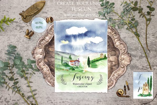 托斯卡纳景观水彩剪贴画 Landscape Tuscany Watercolor clipart
