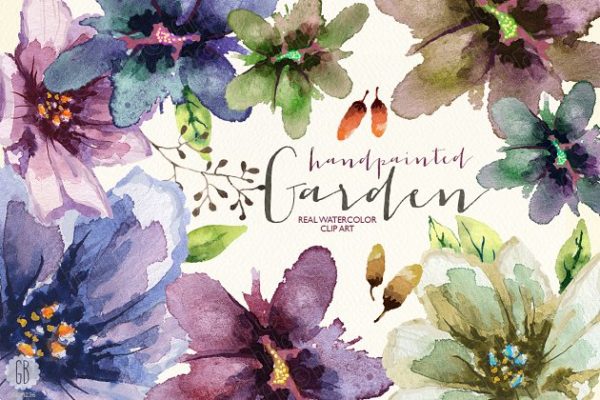 色彩丰富的水彩花园花卉剪贴画 Aquarelle watercolor garden flowers
