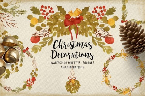 水彩画圣诞装饰品设计元素 Watercolor Christmas Decorations
