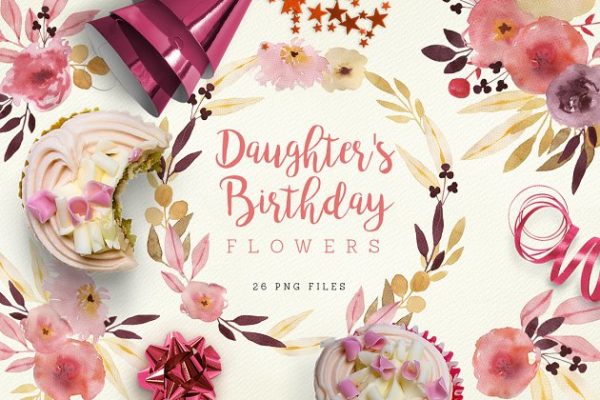 生日主题水彩花卉剪贴画 Daughter’s Birthday Flowers缩略图 生日主题水彩花卉剪贴画 Daughter’s Birthday Flowers
