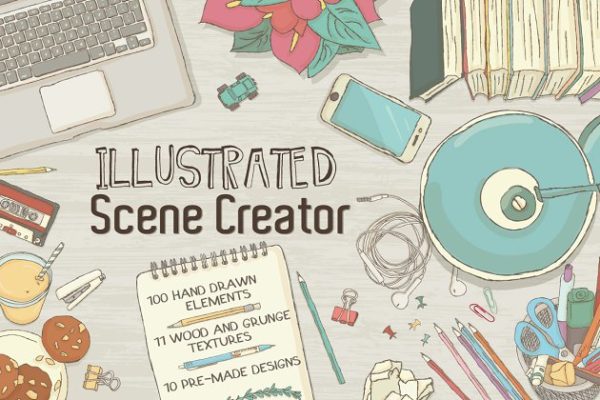 超级巨无霸场景手绘设计素材包 Illustrated Hero Image Scene Creator